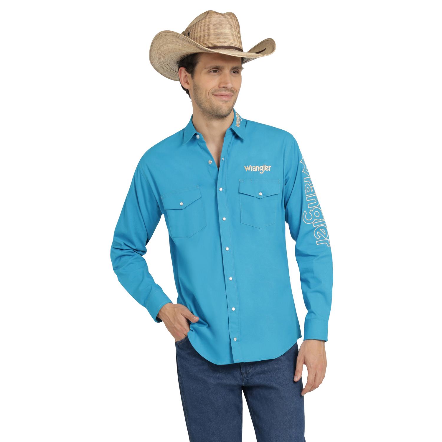Camisa Vaquera Wrangler Hombre Logos Regular Manga Larga 894 Turquesa M